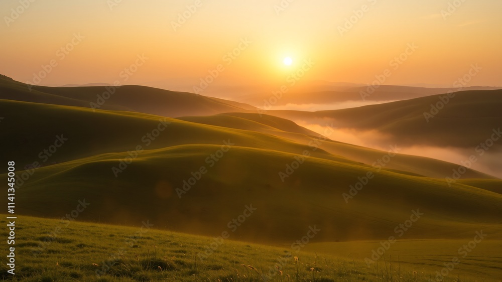 Sunset over rolling green hills with mist creating a serene landscape at dawn Sunset over rolling green hills with mist creating a serene landscape at dawn
