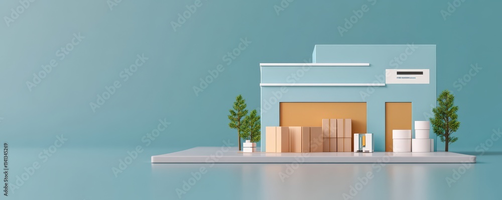 Modern warehouse with boxes and greenery in a minimalist design. Modern warehouse with boxes and greenery in a minimalist design.