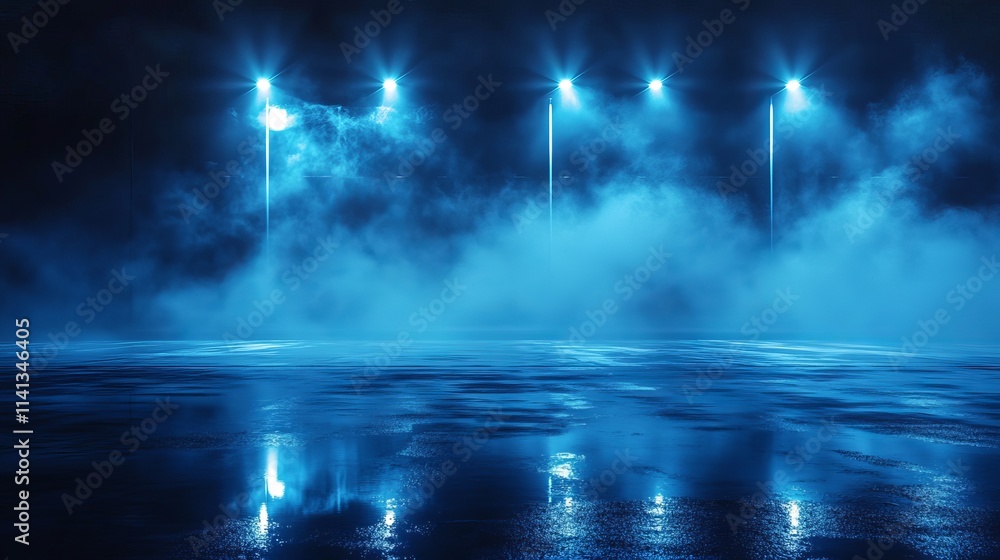 Empty urban street at night with fog, smoke, and reflections of light on wet asphalt Empty urban street at night with fog, smoke, and reflections of light on wet asphalt