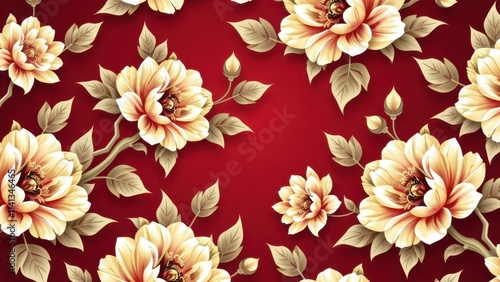 Fototapeta Naklejka Na Ścianę i Meble -  Vibrant peonies dance across rich maroon canvas in a beautiful, symmetrical floral arrangement, petals bursting forth in creamy white and deep red hues