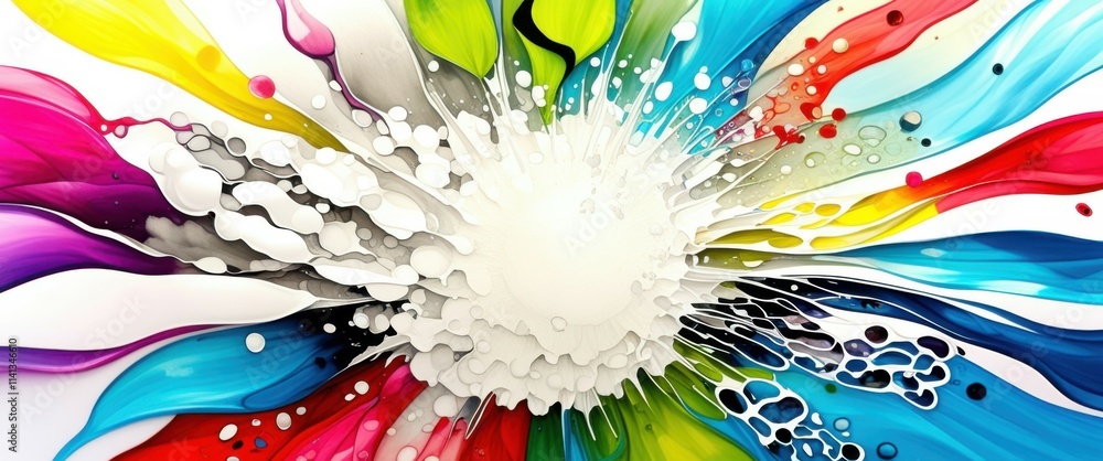 Fototapeta premium A vibrant, abstract digital artwork featuring a burst of colorful, dynamic lines radiating from a central white point, creating a sense of energy and movement. The lines are in various shades of blue,