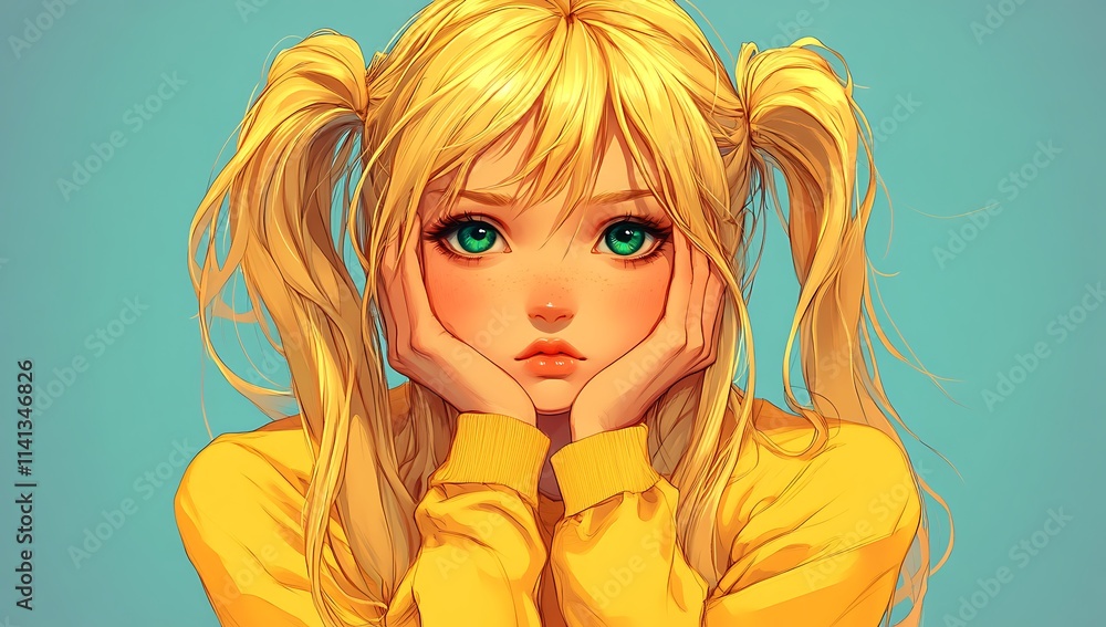 A blond girl with pigtails, wearing yellow and holding her hands on her face in an anime style. She has long hair that is styled into two ponytails, which she wears up at all times A blond girl with pigtails, wearing yellow and holding her hands on her face in an anime style. She has long hair that is styled into two ponytails, which she wears up at all times