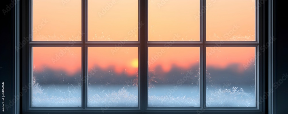 Fototapeta premium Frosty Window with Sunrise View