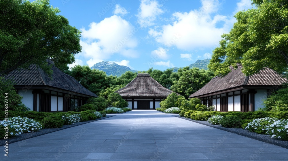 Serene traditional architecture surrounded by lush greenery. Serene traditional architecture surrounded by lush greenery.