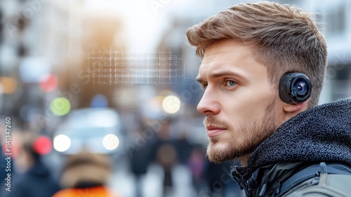 Focused young businessman commuting and listening to audio on wireless headphones in a crowded city street with blurred background