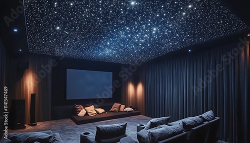 Ceiling-mounted fiber optic lights creating a starry sky effect in a private cinema