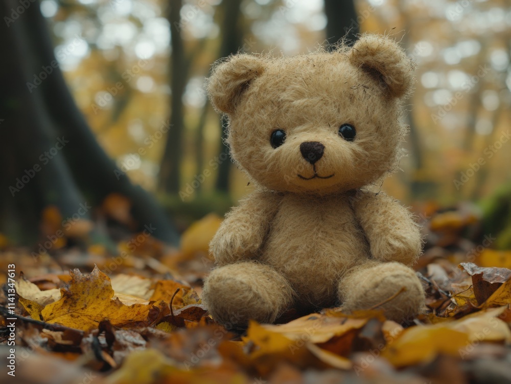Charming Teddy Bear Amid Autumn Leaves Charming Teddy Bear Amid Autumn Leaves