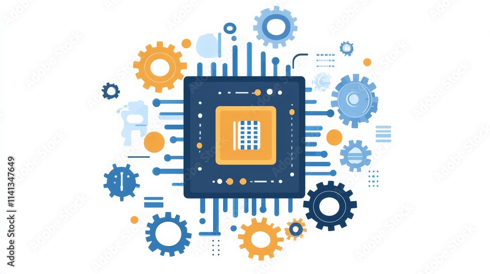 Stylized Illustration of a Computer Chip and Gears Stylized Illustration of a Computer Chip and Gears