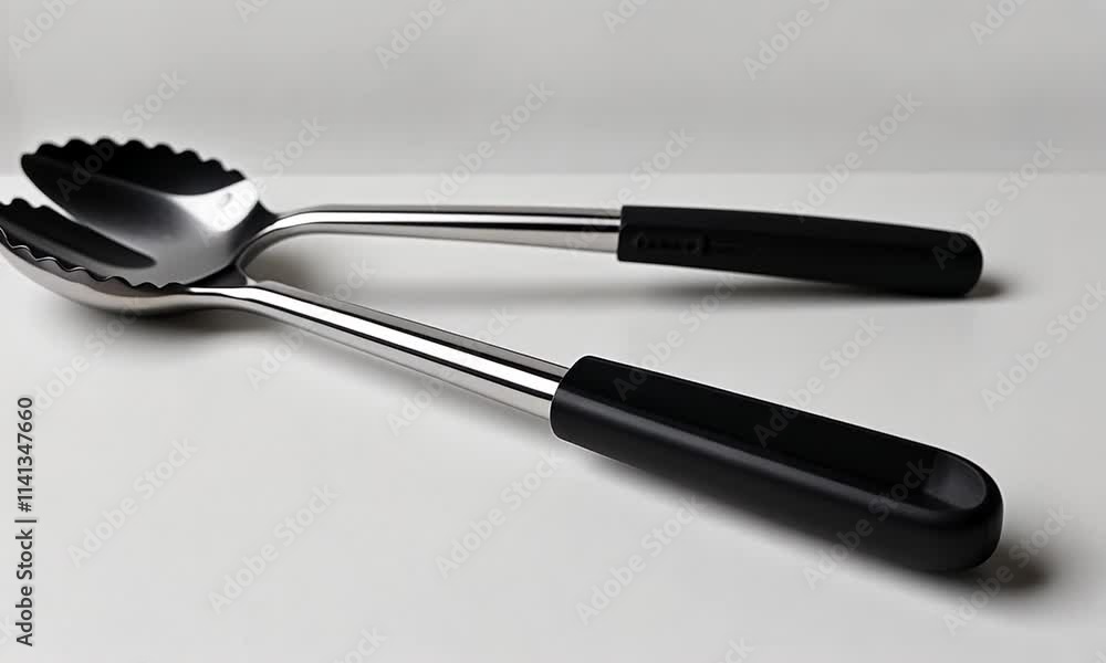 A pair of stainless steel kitchen tongs with a black handle for food serving and grilling. A pair of stainless steel kitchen tongs with a black handle for food serving and grilling.