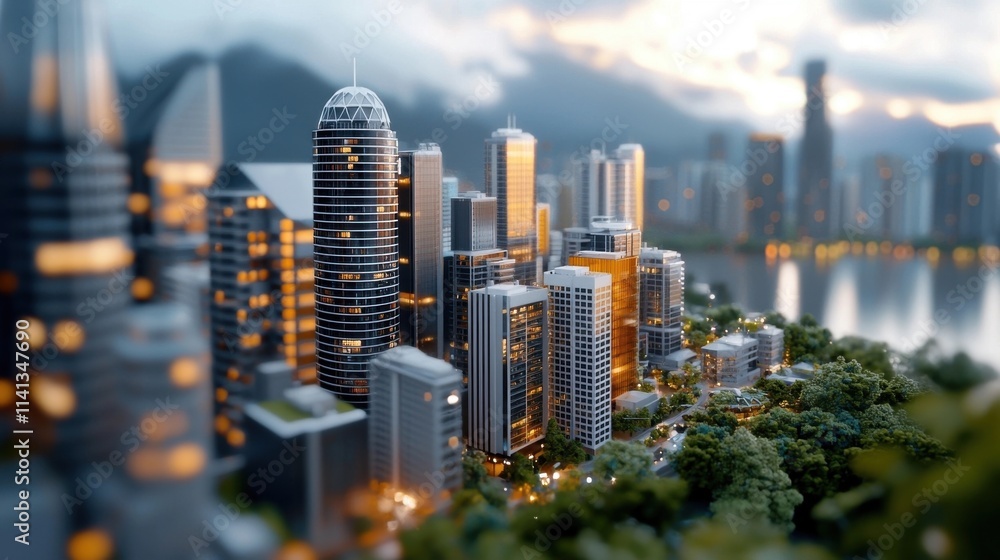 Fototapeta premium Breathtaking aerial view of a bustling city skyline with towering skyscrapers modern high rise office buildings and a glimmering river or bay at sunset