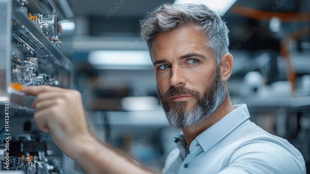 Pensive mature businessman with gray hair and beard working intently at his computer in a sleek contemporary office setting Pensive mature businessman with gray hair and beard working intently at his computer in a sleek contemporary office setting