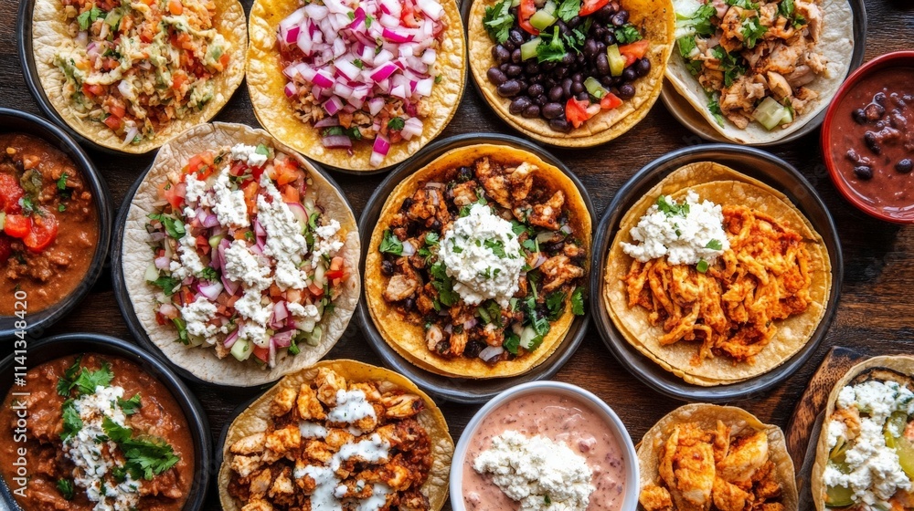Colorful Chicken Tacos with Fresh Toppings Display Colorful Chicken Tacos with Fresh Toppings Display