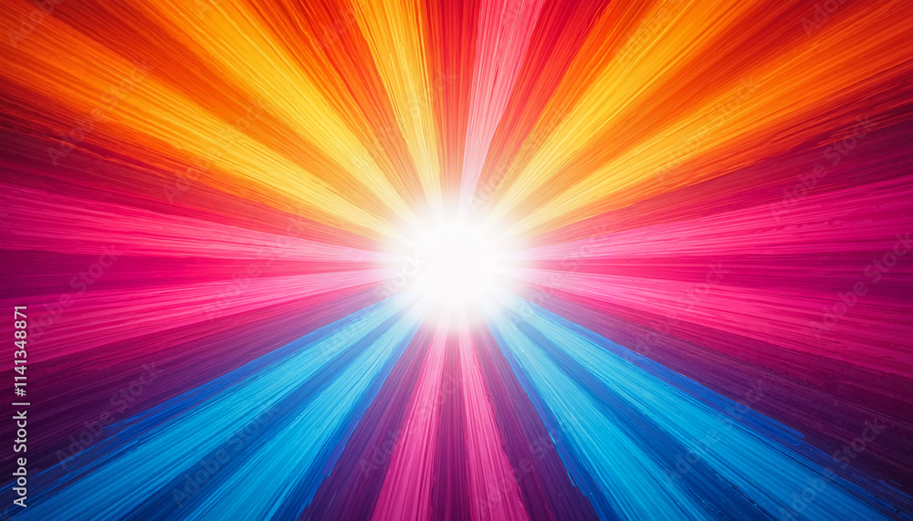 Fototapeta premium Vibrant burst of colorful rays in shades of pink, orange, and blue radiating from a bright center