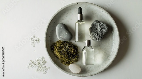 Natural skincare products arranged on a plate with stones, moss, and flowers.  photo