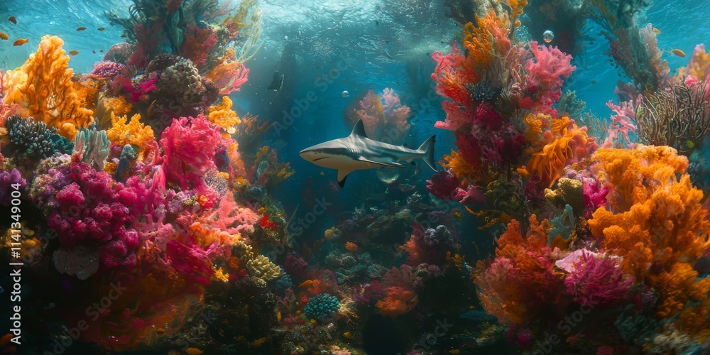 Fototapeta premium Coral Reef Shark Vibrant Underwater Scene