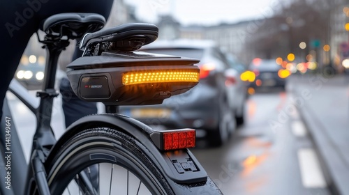 Closeup view of a motorcycle s brake light glowing brightly in the nighttime city traffic with buildings and skyscrapers in the background photo