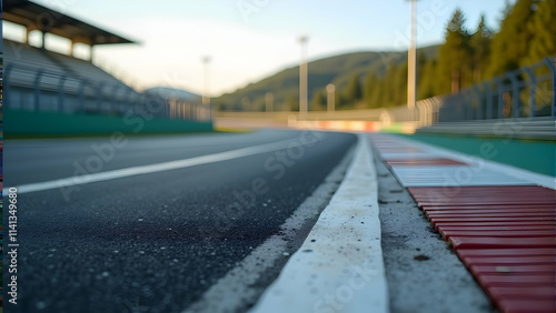 A sun-kissed race track awaits the roar of engines. The asphalt gleams, promising speed and adrenaline. Mountains loom in the background, a silent witness to the thrill.