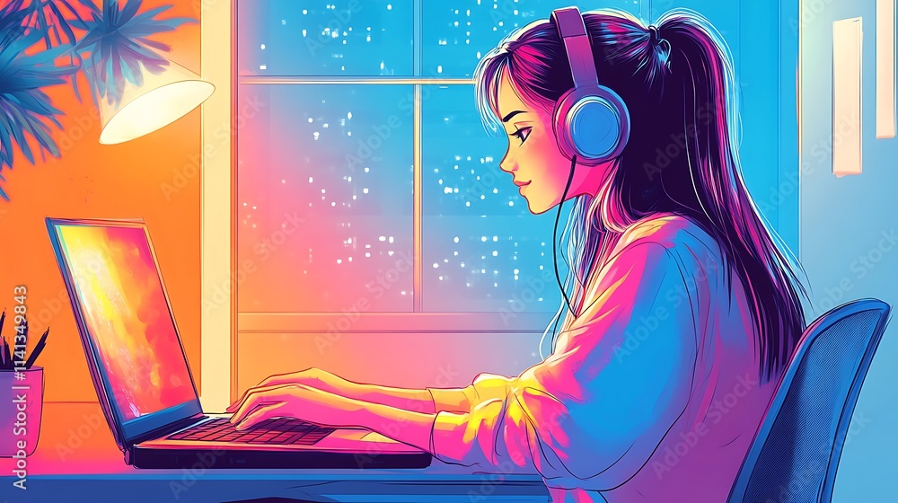 A anime girl with headphones is sitting at her desk, working on the computer in front of her, surrounded by books and colorful decorations. A anime girl with headphones is sitting at her desk, working on the computer in front of her, surrounded by books and colorful decorations.