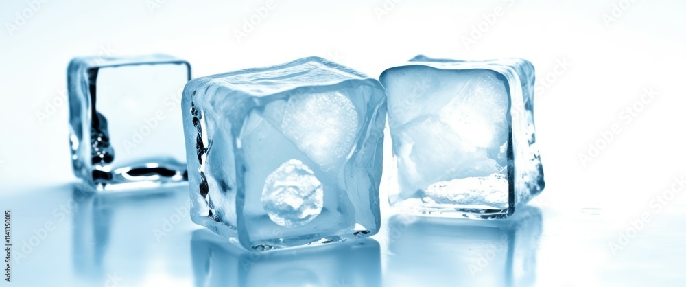 A close-up photo of several small, transparent ice cubes arranged in a row on a reflective surface. The ice cubes are clear and crystalline, with a few showing slight imperfections and air bubbles. Th A close-up photo of several small, transparent ice cubes arranged in a row on a reflective surface. The ice cubes are clear and crystalline, with a few showing slight imperfections and air bubbles. Th