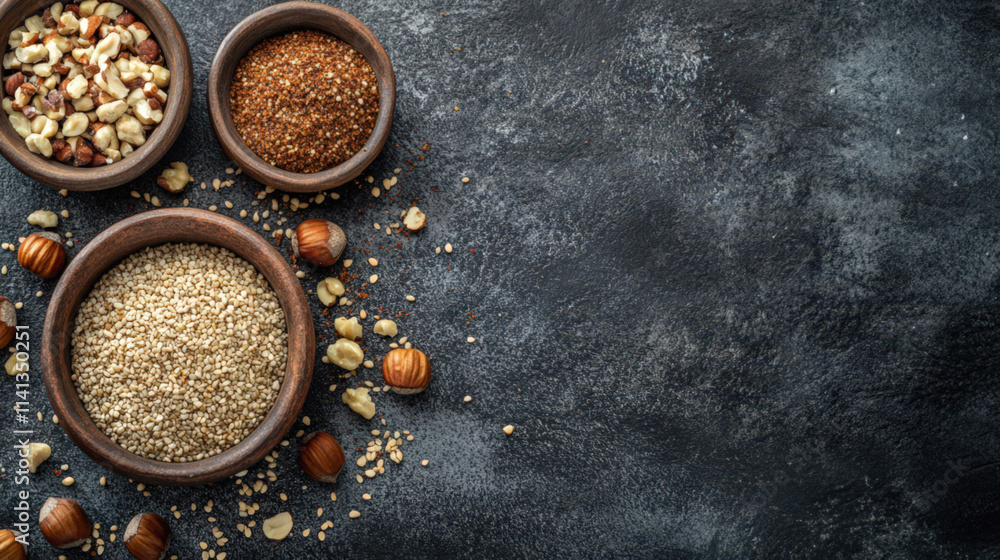 Assorted Nuts Seeds and Spices in Bowls Assorted Nuts Seeds and Spices in Bowls
