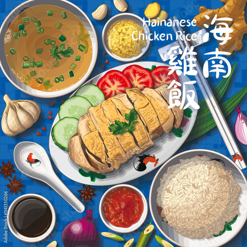 Hainanese Chicken Rice Top View Illustration. Translation: Hainanese Chicken Rice
