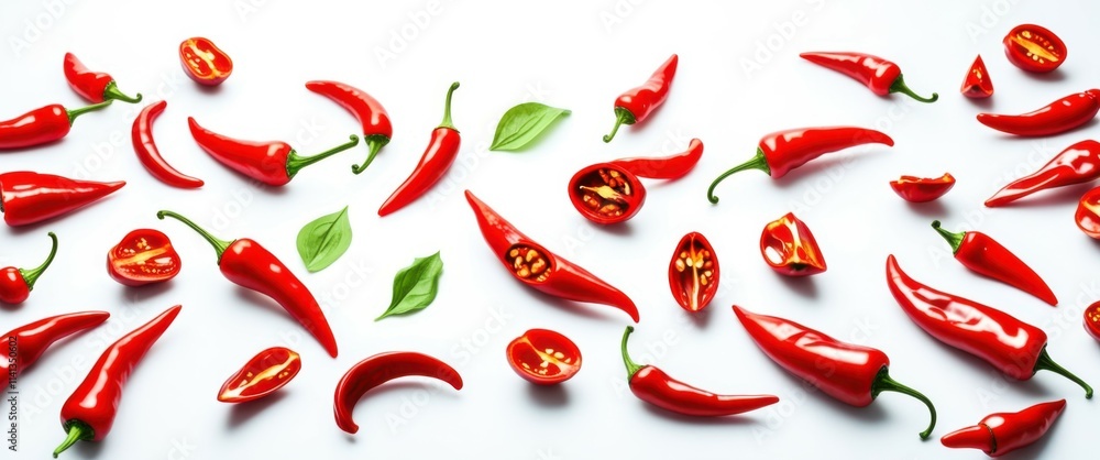 Photograph of a variety of red chili peppers, including whole peppers and sliced peppers, scattered across a white background. The peppers are vibrant red, with green stems and leaves. The lighting is Photograph of a variety of red chili peppers, including whole peppers and sliced peppers, scattered across a white background. The peppers are vibrant red, with green stems and leaves. The lighting is