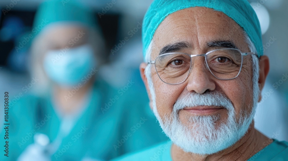 Portrait of a confident and experienced elderly male surgeon wearing a medical mask and scrubs standing in a hospital setting and examining a patient The image conveys a sense of professionalism Portrait of a confident and experienced elderly male surgeon wearing a medical mask and scrubs standing in a hospital setting and examining a patient The image conveys a sense of professionalism