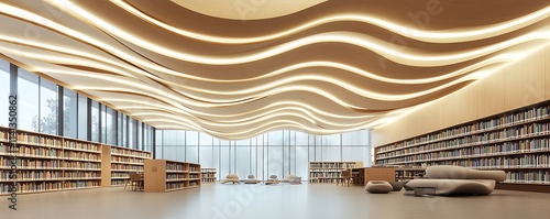 Curved acoustic ceiling panels creating a wave effect in a modern library