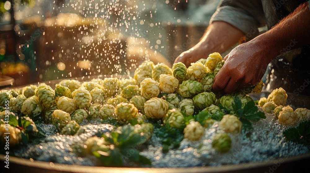 Freshly harvested hops being washed in water, showcasing the brewing process. Freshly harvested hops being washed in water, showcasing the brewing process.