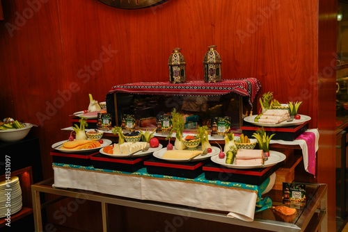 A stunning buffet display featuring an array of carefully arranged dishes, beautifully presented on stylish platters, enhanced by vibrant garnishes and a touch of cultural decor.