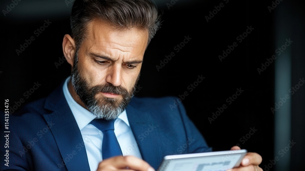 Serious looking business executive in formal suit and tie contemplating digital solutions on laptop computer at his office desk Concept of corporate strategy leadership and problem solving Serious looking business executive in formal suit and tie contemplating digital solutions on laptop computer at his office desk Concept of corporate strategy leadership and problem solving