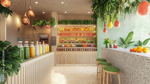 Bright, healthy juice bar interior with fresh produce and seating.