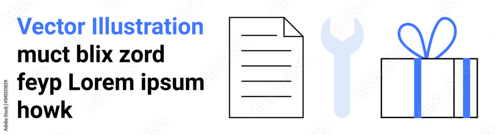 Document with folded corner, wrench tool, gift box with ribbon, and placeholder text example. Ideal for technical documentation, tutorials, customer support guides, holiday promotions, e-commerce Document with folded corner, wrench tool, gift box with ribbon, and placeholder text example. Ideal for technical documentation, tutorials, customer support guides, holiday promotions, e-commerce