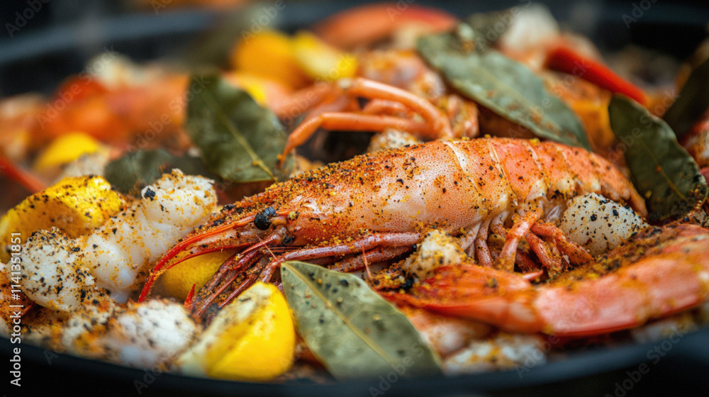 Spicy Seafood Dish With Lemon And Bay Leaves Spicy Seafood Dish With Lemon And Bay Leaves
