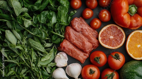 Halal food uses organic ingredients. Fresh vegetables and fruits arranged neatly on a surface.