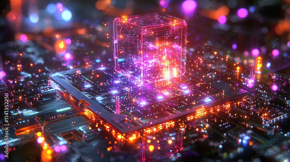 Fototapeta premium Neon Circuitry Cube: A Digital Dreamscape