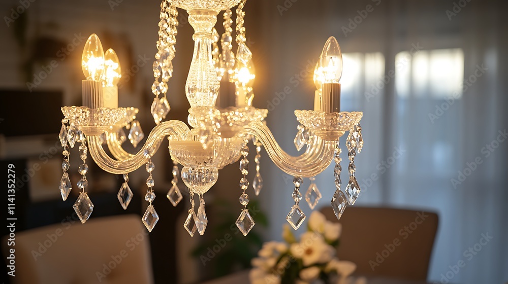 Elegant chandelier with hanging crystal details glowing warmly in a cozy dining room Elegant chandelier with hanging crystal details glowing warmly in a cozy dining room