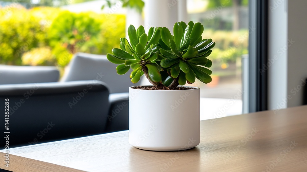 Succulent plant in white pot on light brown wooden table, interior scene. Succulent plant in white pot on light brown wooden table, interior scene.
