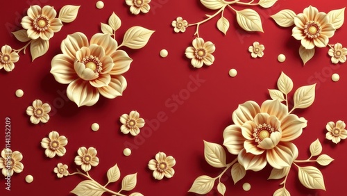 Vibrant red background blooms with creamy white and soft yellow flowers, intricately arranged in perfect symmetry