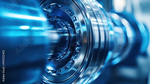 Close-up of a high-precision industrial machine part with intricate bearings and a polished chrome finish.