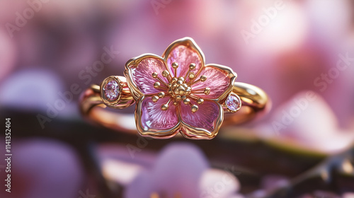 Plum blossom themed ring with pink floral design  
 photo