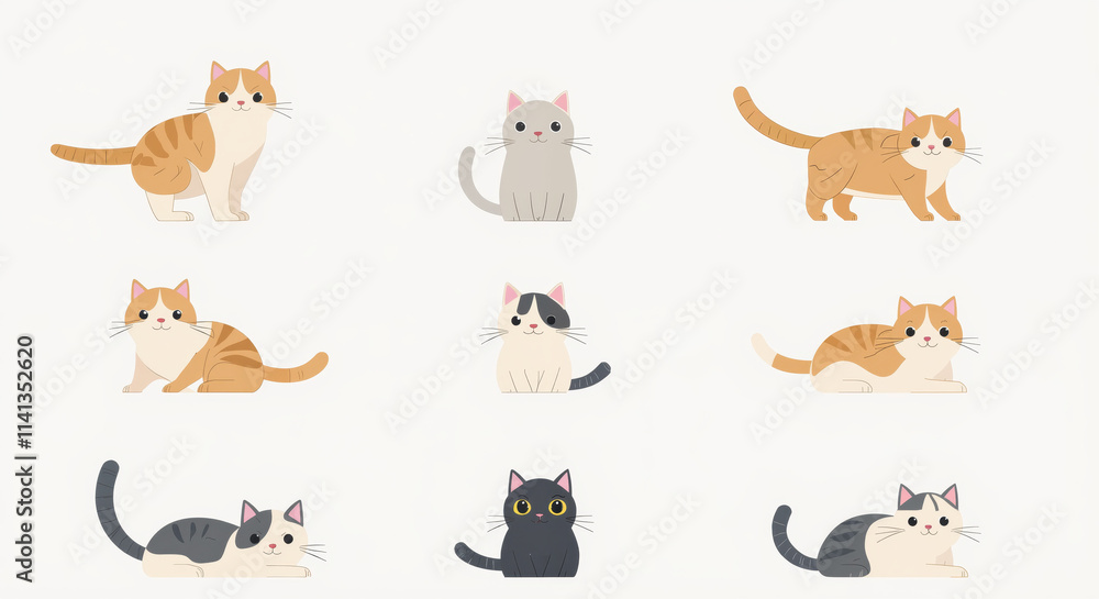 Fototapeta premium Cute Cat Illustrations Collection Featuring Adorable Kittens in Various Poses, Perfect for Pet-Themed Designs and Prints