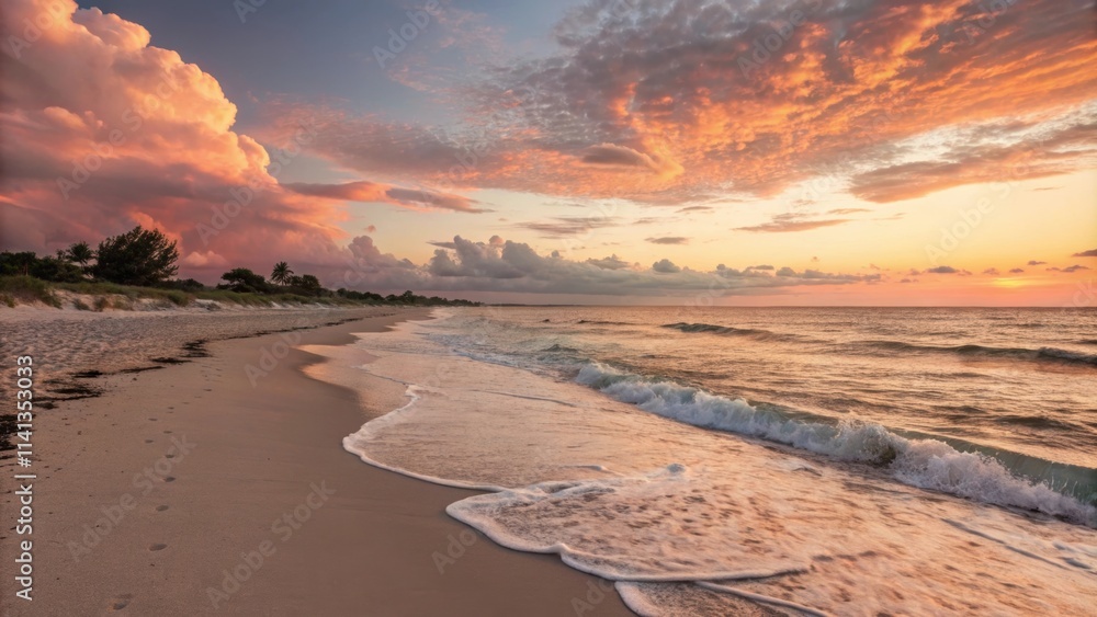 Soft waves gently caress the sandy beach as the sun sets below the horizon, painting the sky with vibrant hues of orange and pink, while dramatic clouds add a touch of drama to the tranquil scene Soft waves gently caress the sandy beach as the sun sets below the horizon, painting the sky with vibrant hues of orange and pink, while dramatic clouds add a touch of drama to the tranquil scene