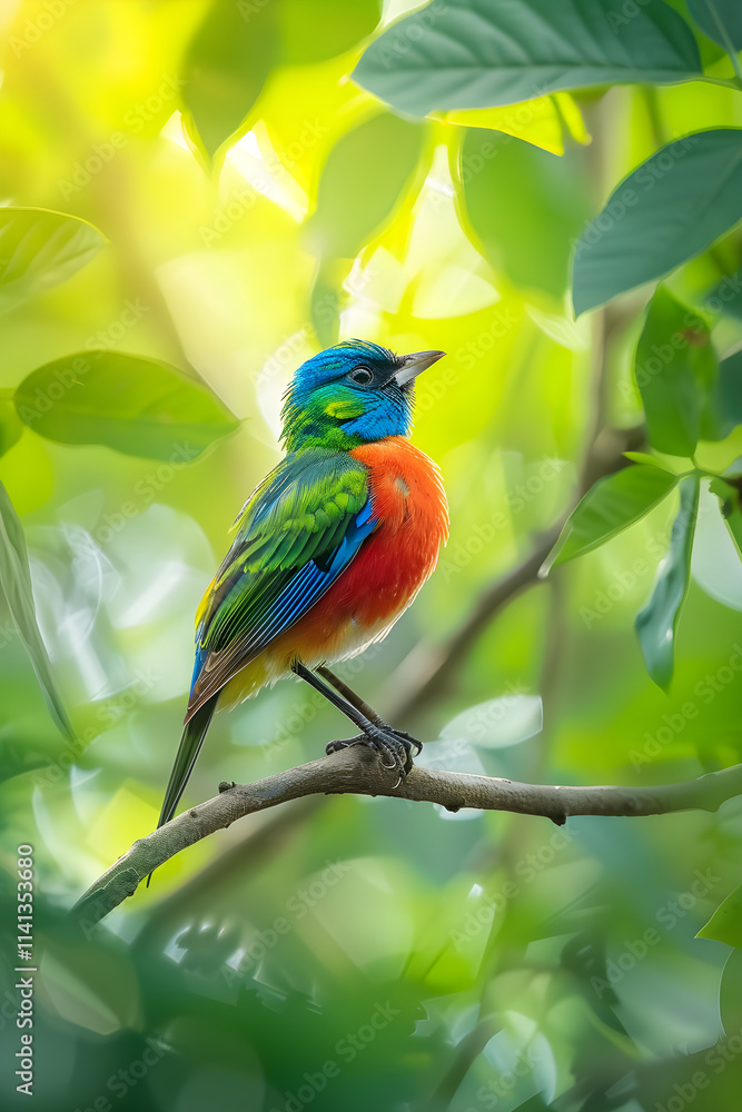 Vividly Colored Bunting Perched Gracefully on a Branch Amid Lush Green Foliage with Sunlight Filtering Through