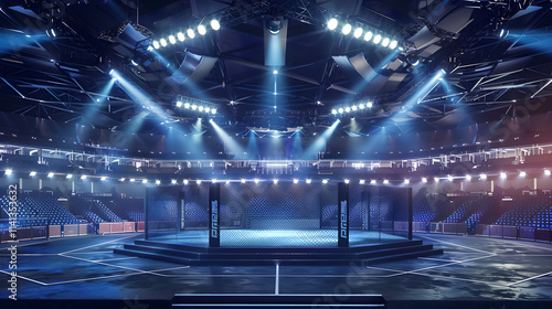 Spotlights and MMA Cage in Fighting Arena

