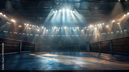 Spotlit MMA Cage in Empty Arena Ready for Fight

 photo