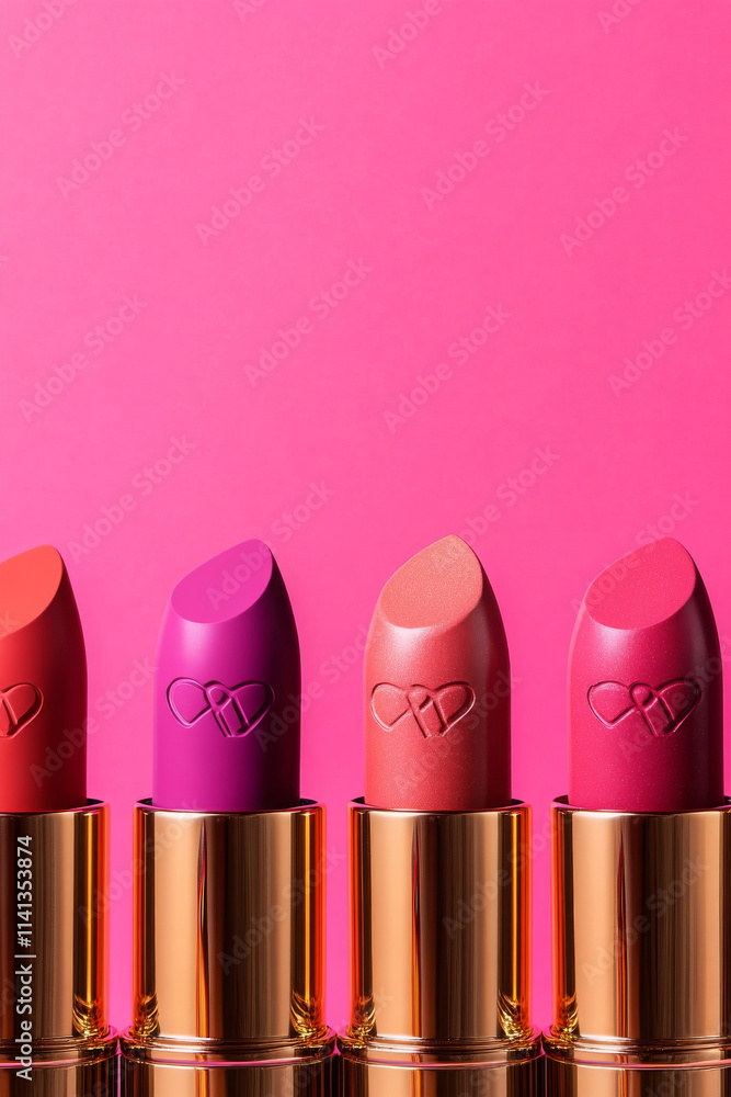 Sleek lipsticks in vibrant colors against pink background, showcasing beauty Sleek lipsticks in vibrant colors against pink background, showcasing beauty