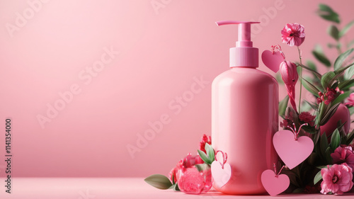 sleek body lotion bottle surrounded by pink flowers and hearts, evoking love