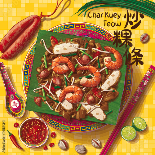 Nanyang Char Kuey Teow Top View Illustration. Translation: (Title) Stir-fried Rice Noodle