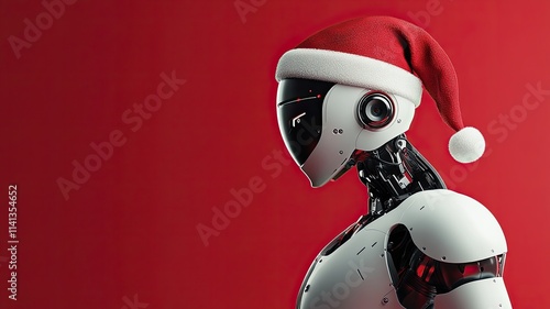 Robot wearing Santa hat on red background, A futuristic humanoid robot dressed in a Santa hat stands against a vibrant red background, symbolizing Christmas, technology, and innovation.

